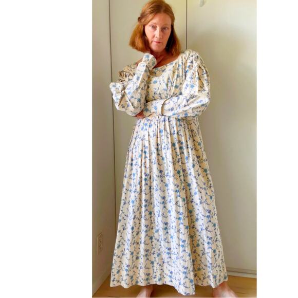 Vintage Dresses & Skirts - Vintage Handmade Cottage Core Prairie Dress Blue Chintz Floral Print Cotton